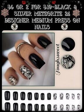 🆕$6 OR 2 FOR $10~BLACK & SILVER METEORITE 24 DESIGNER MEDIUM PRESS ON NAILS